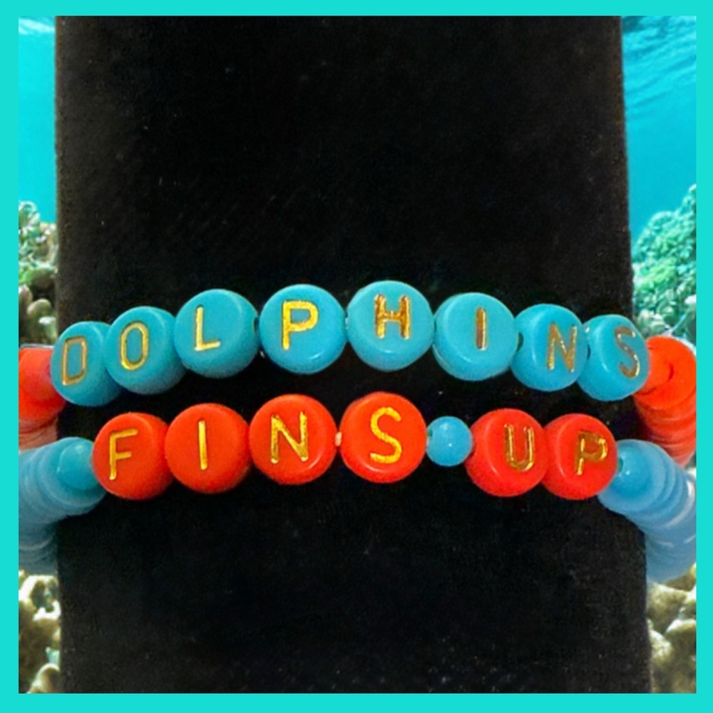 NFL Miami Dolphins ~ Fins - Up Clay Beaded Bracelet set ( New Handmade )